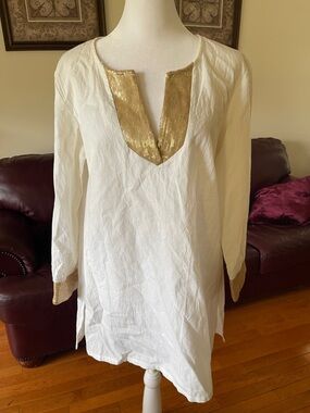 Saks Fifth Avenue White Tunic Top Gold Sequin Trim Size Small Boho Resort Blouse